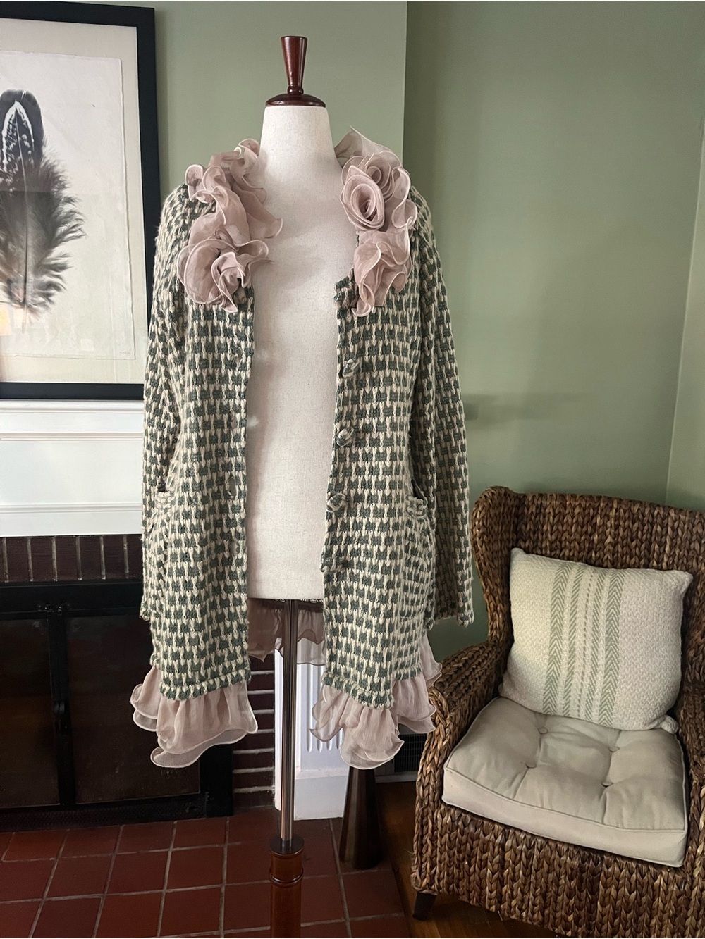 Ryu Open-Knit Cardigan Coat | Sage & Ivory | Blush Organza | 1X - Picture 6 of 9